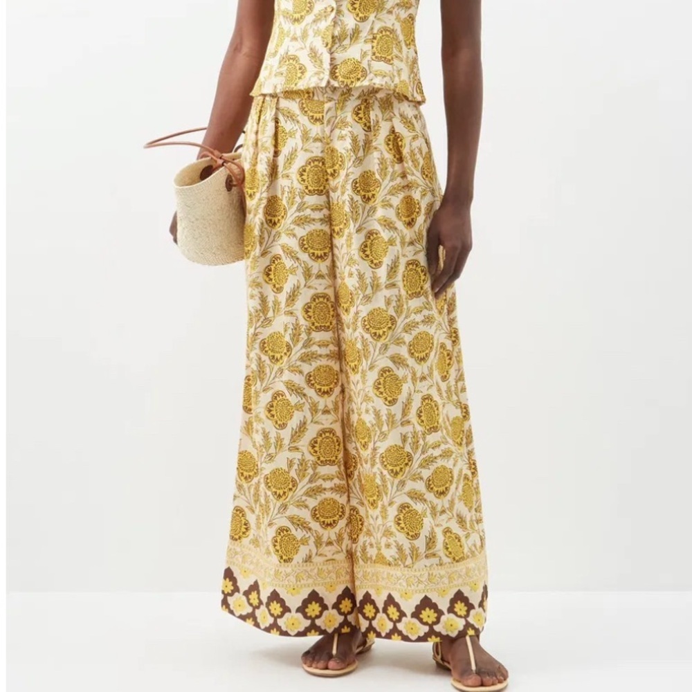 RHODE Priyanka Floral-Print Linen Wide-Leg‎ Trousers